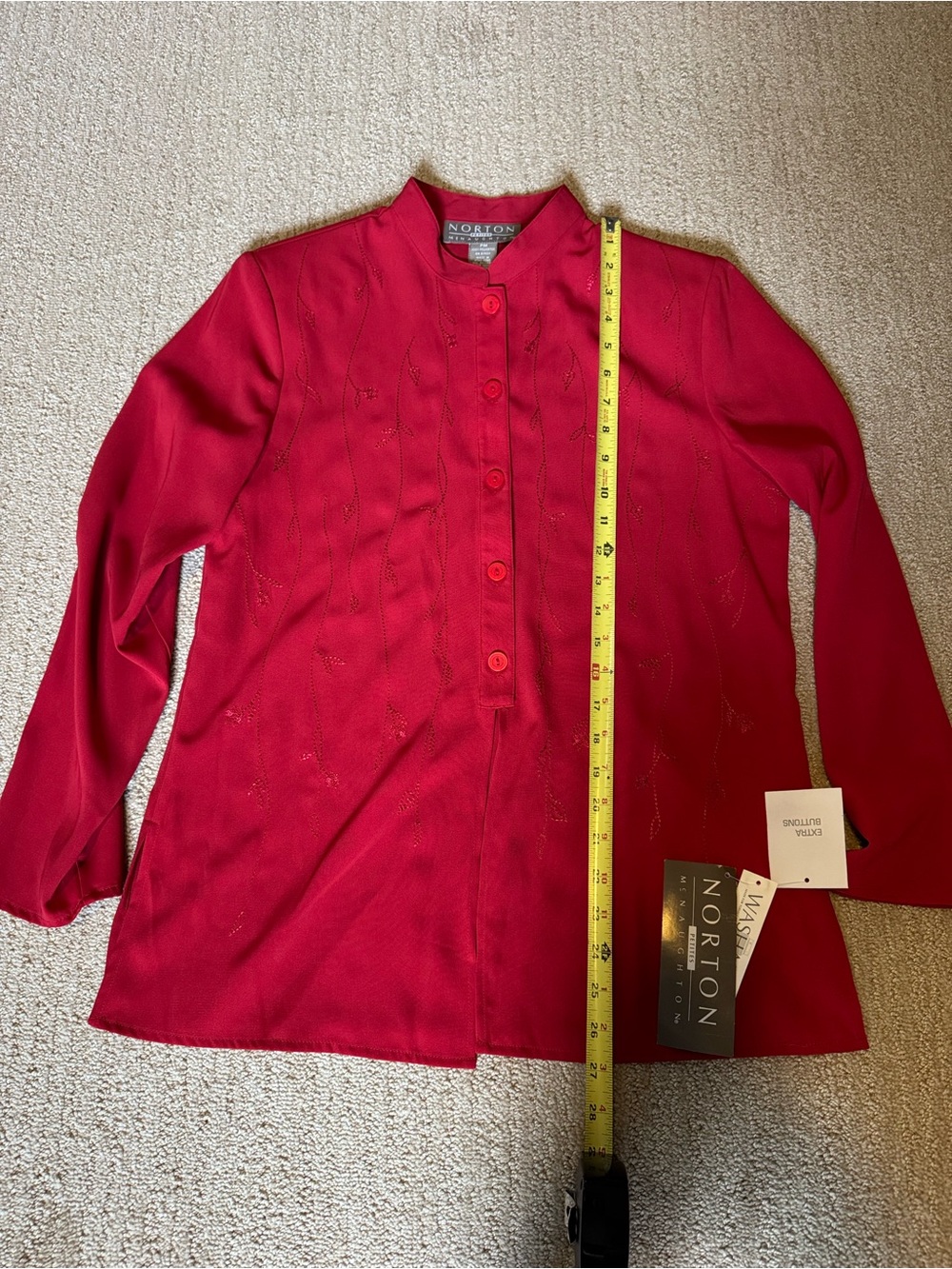 Norton McNaughton Red Button-Front Long Sleeve Top Embroidered Sz PM NWT